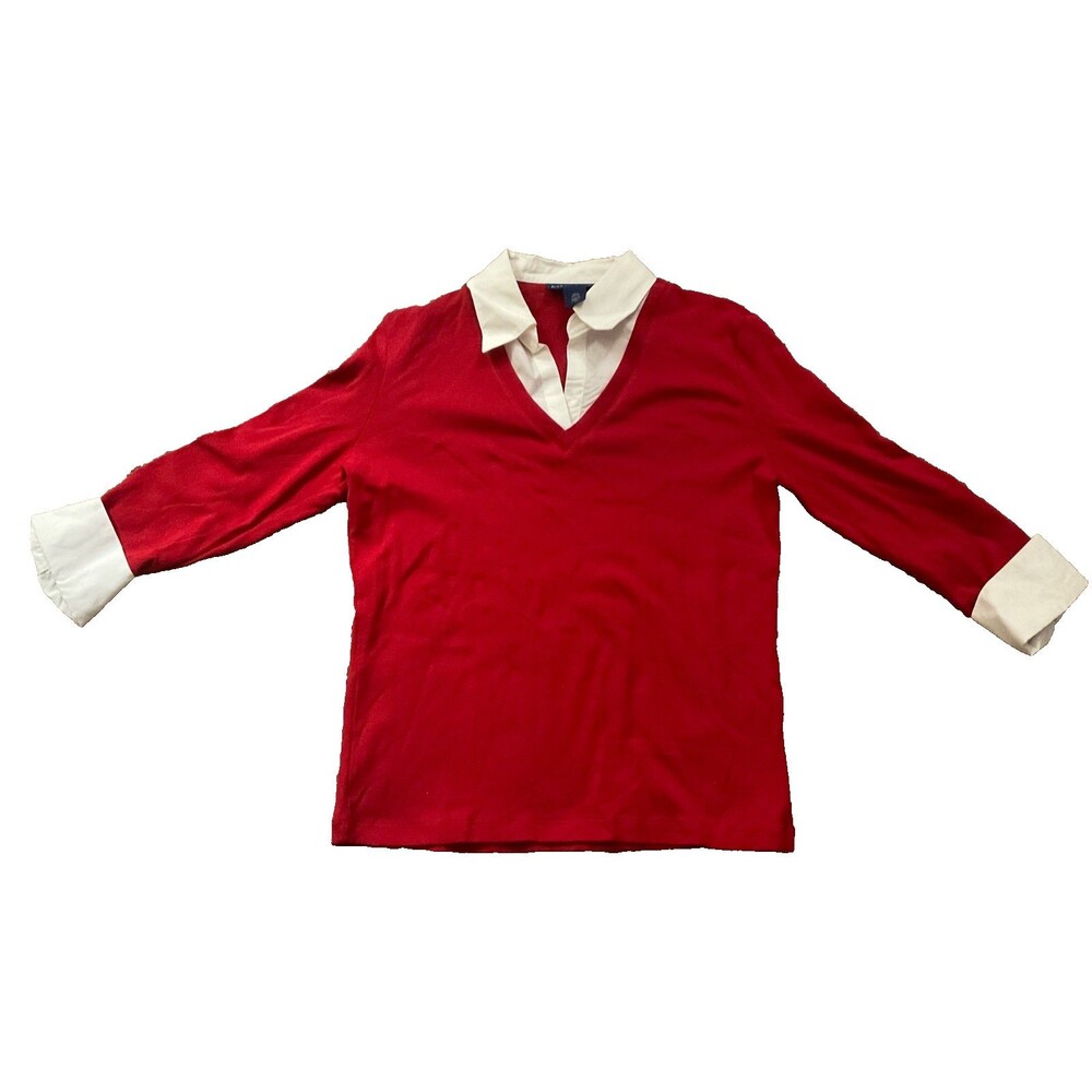Karen Scott Collared Top Shirt Women’s V Neck Small Red